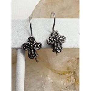 Sterling Silver Marcasite Accents Clover Drop Earrings 925 Vintage Dangle Dainty